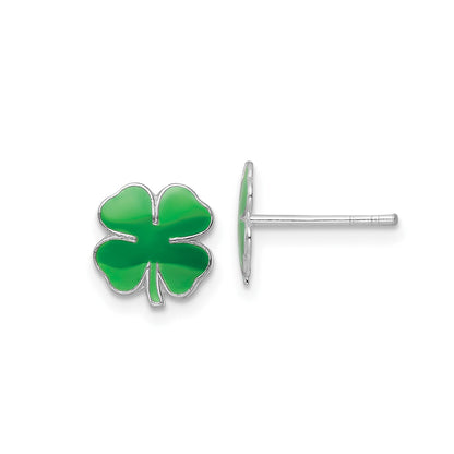 Children's Enamel Four Leaf Clover Earrings in Rhodium Plated Sterling Silver