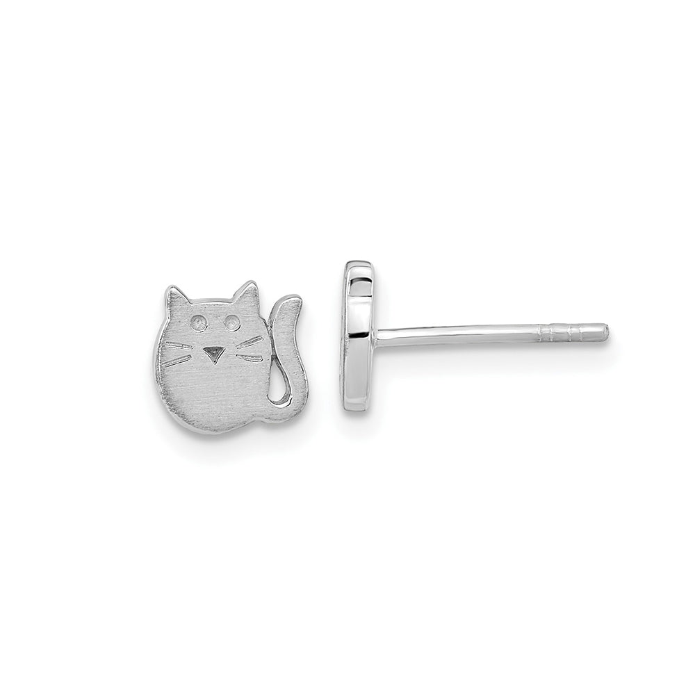 Children's Satin Finish Cat Earrings in Rhodium Plated Sterling Silver