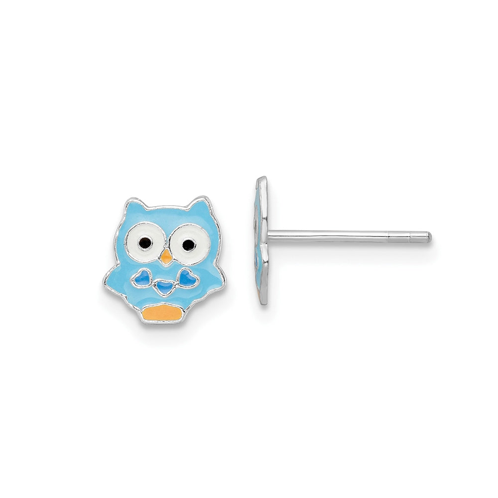 Children's Blue Enamel Owl Earrings in Sterling Silver