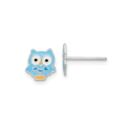 Children's Blue Enamel Owl Earrings in Sterling Silver