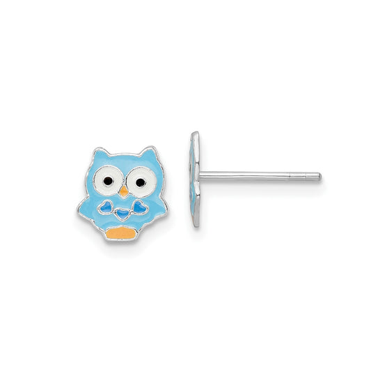 Children's Blue Enamel Owl Earrings in Sterling Silver