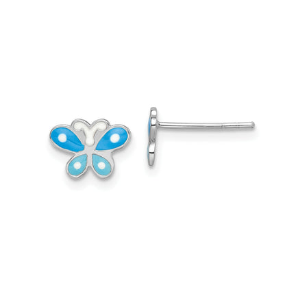Children's Blue Enamel Butterfly Earrings in Rhodium Plated Sterling Silver