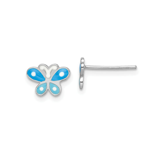 Children's Blue Enamel Butterfly Earrings in Rhodium Plated Sterling Silver