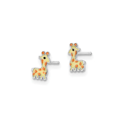 Children's Enamel Giraffe Earrings in Rhodium Plated Sterling Silver front view