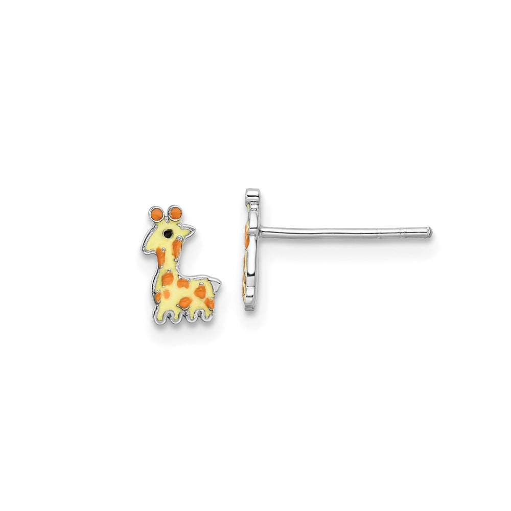 Children's Enamel Giraffe Earrings in Rhodium Plated Sterling Silver