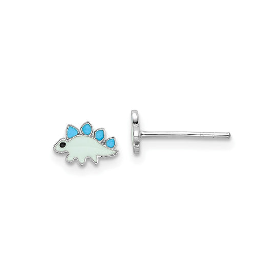 Children's Blue Enamel Dinosaur Earrings in Rhodium Plated Sterling Silver