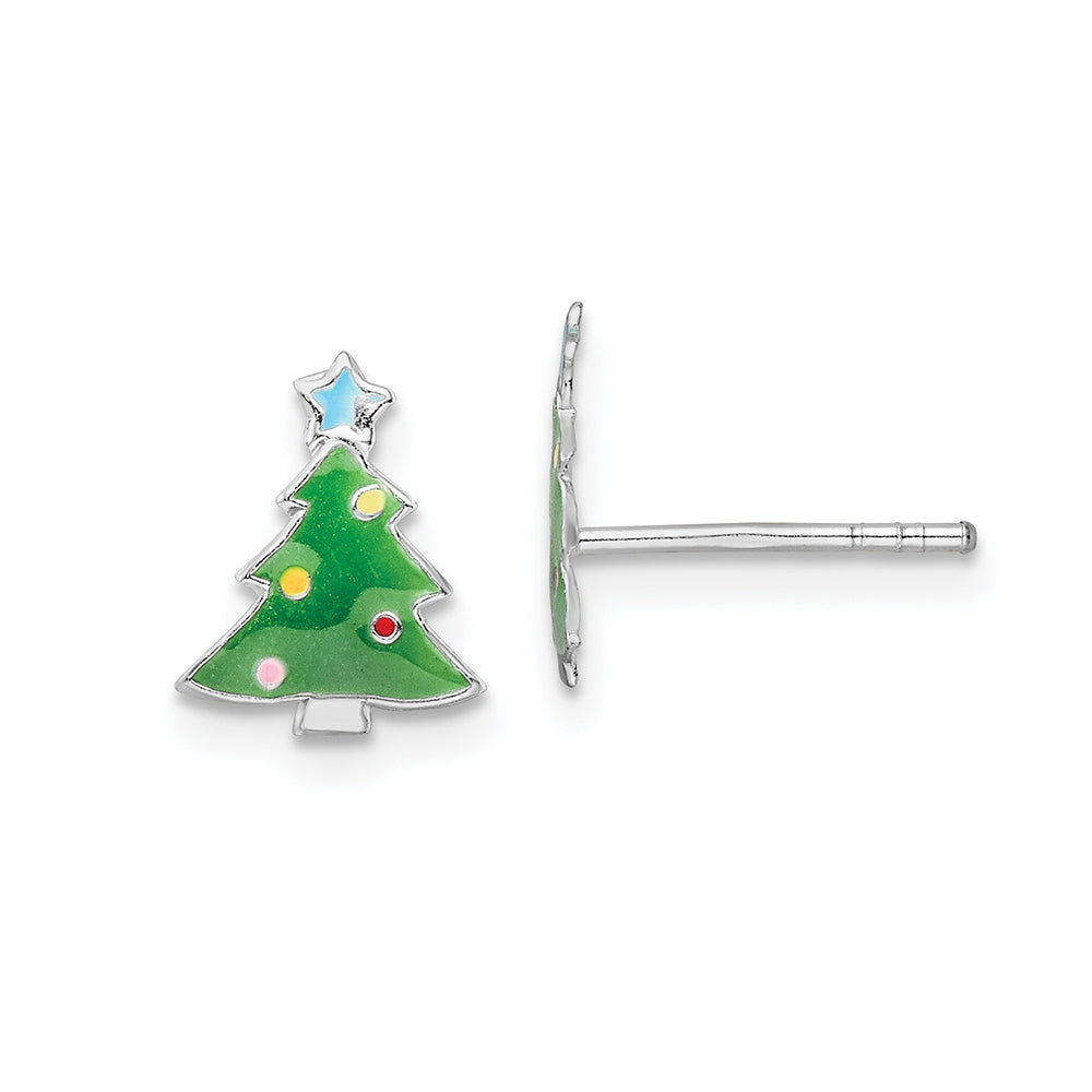 Children's Enamel Christmas Tree Earrings in Rhodium Plated Sterling Silver