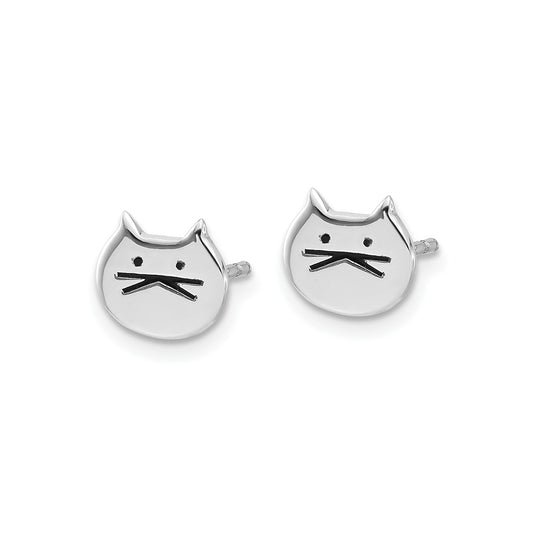 Children's White Enamel Cat Face Earrings in Sterling Silver front view