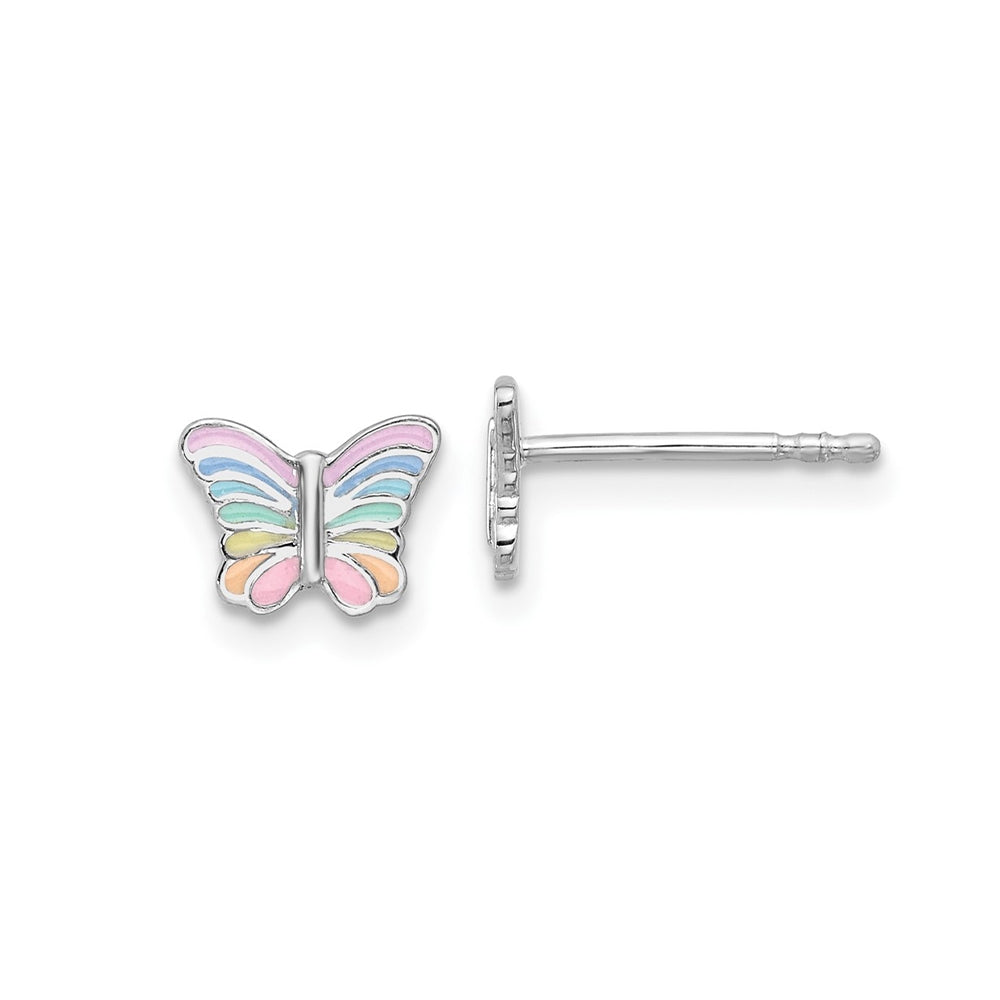 Children's Enamel Rainbow Butterfly Earrings in Rhodium Plated Sterling Silver