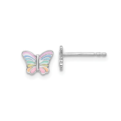 Children's Enamel Rainbow Butterfly Earrings in Rhodium Plated Sterling Silver