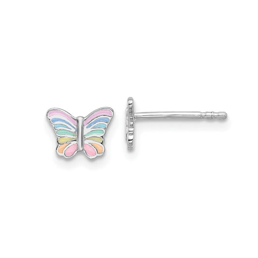 Children's Enamel Rainbow Butterfly Earrings in Rhodium Plated Sterling Silver