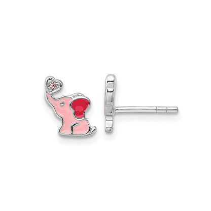Children's Pink CZ & Pink Enamel Elephant Earrings in Rhodium Plated Sterling Silver