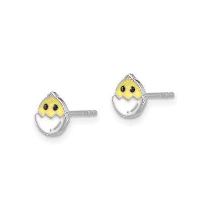 Children's Enamel Chick in Egg Earrings in Rhodium Plated Sterling Silver front view