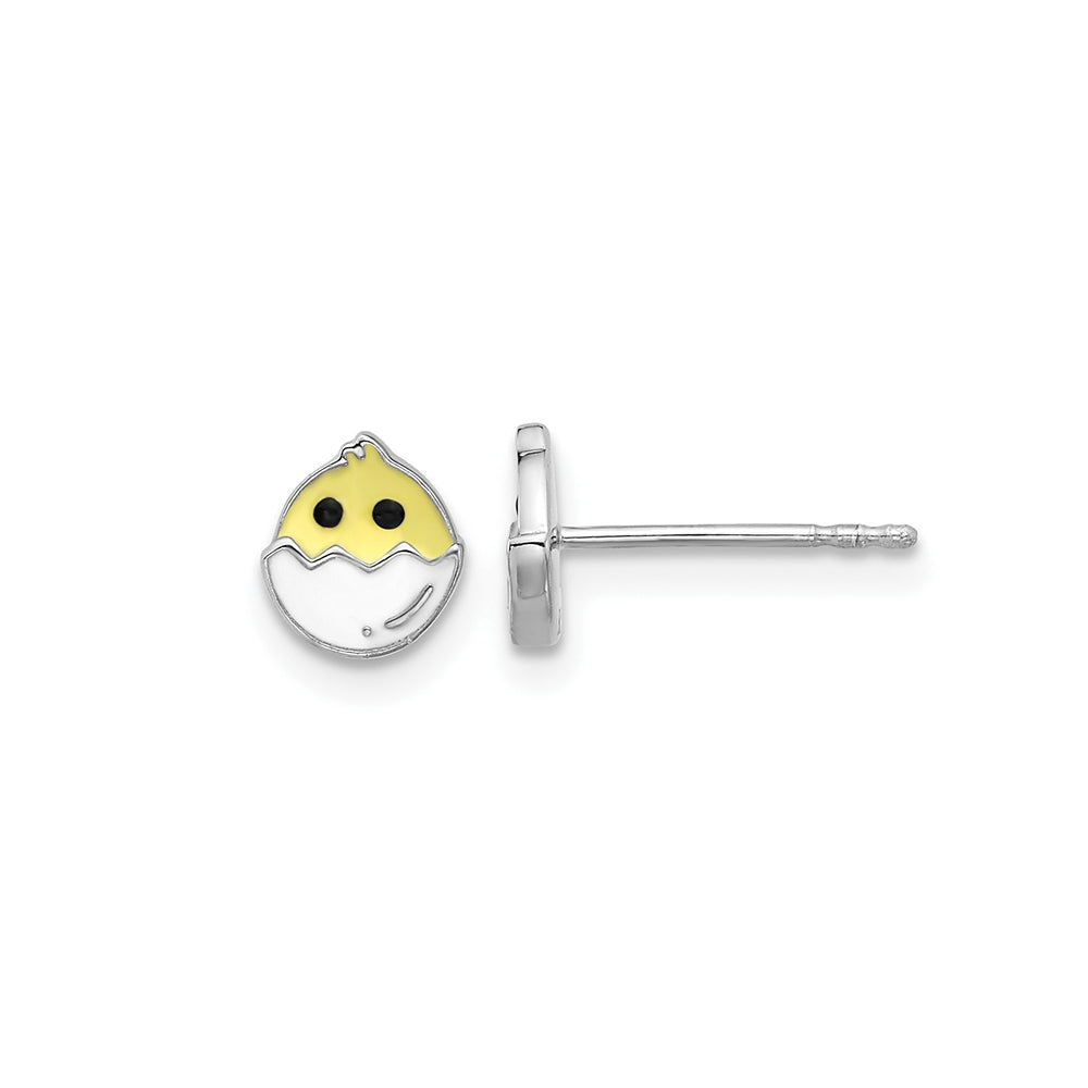 Children's Enamel Chick in Egg Earrings in Rhodium Plated Sterling Silver