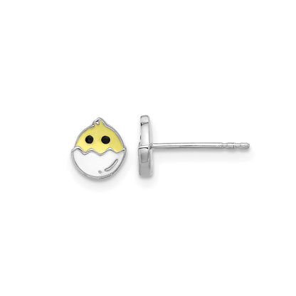 Children's Enamel Chick in Egg Earrings in Rhodium Plated Sterling Silver