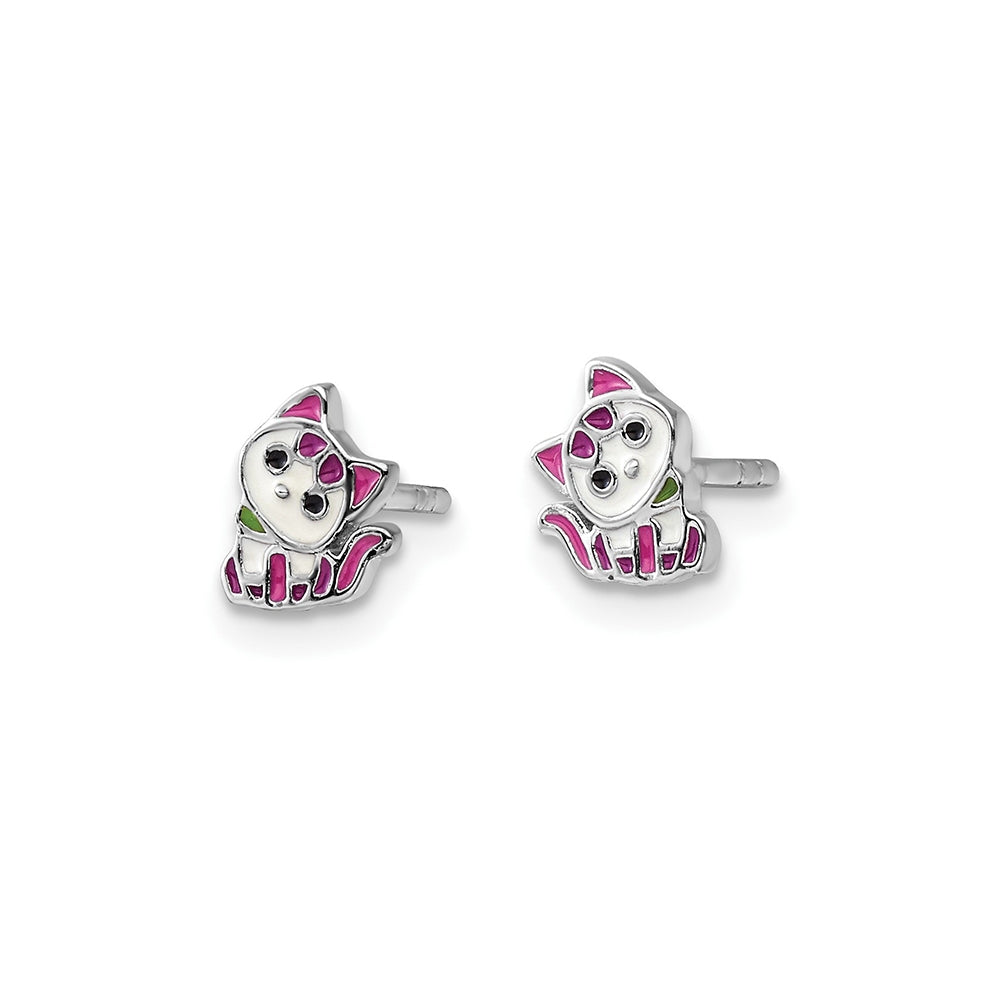Children's Pink & Purple Enamel Kitty Earrings in Rhodium Plated Sterling Silver front view