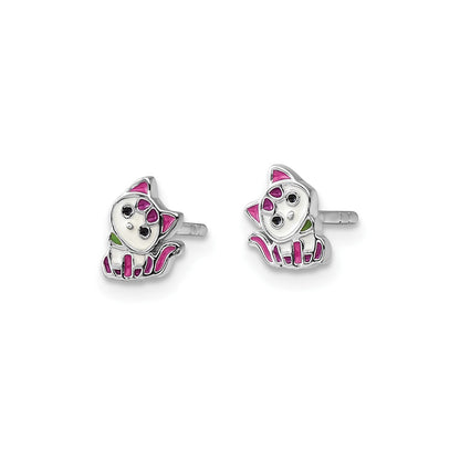Children's Pink & Purple Enamel Kitty Earrings in Rhodium Plated Sterling Silver front view