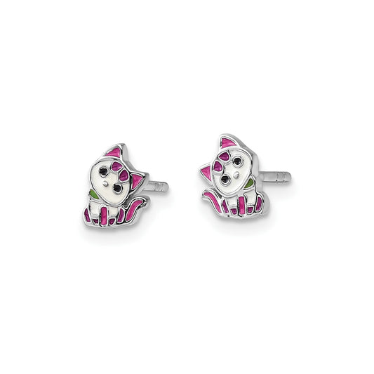 Children's Pink & Purple Enamel Kitty Earrings in Rhodium Plated Sterling Silver front view