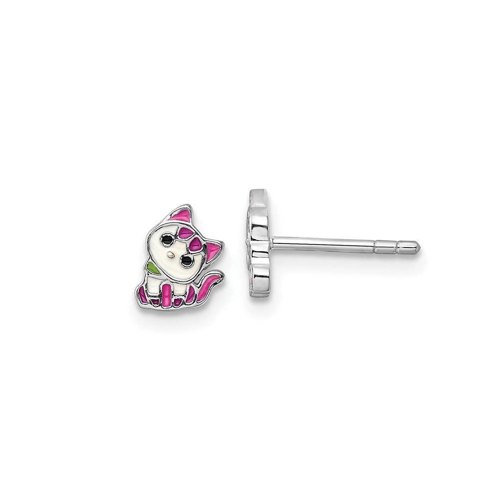Children's Pink & Purple Enamel Kitty Earrings in Rhodium Plated Sterling Silver