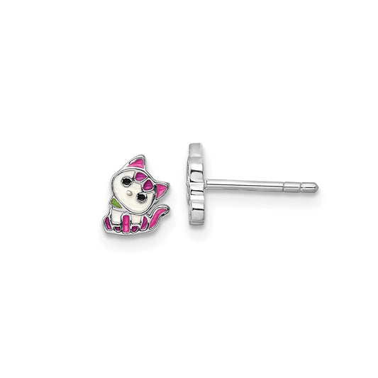 Children's Pink & Purple Enamel Kitty Earrings in Rhodium Plated Sterling Silver