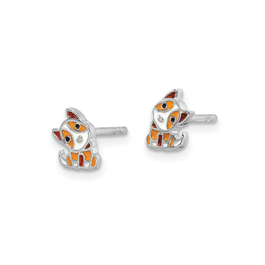 Children's Enamel Dog Earrings in Rhodium Plated Sterling Silver front view
