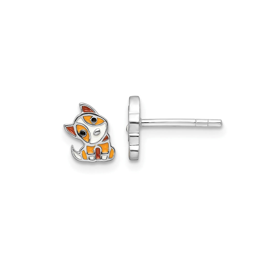 Children's Enamel Dog Earrings in Rhodium Plated Sterling Silver