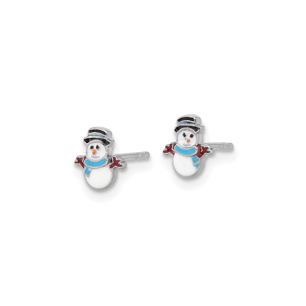 Children's Enamel Snowman Earrings in Rhodium Plated Sterling Silver front view