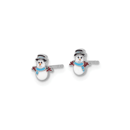 Children's Enamel Snowman Earrings in Rhodium Plated Sterling Silver front view