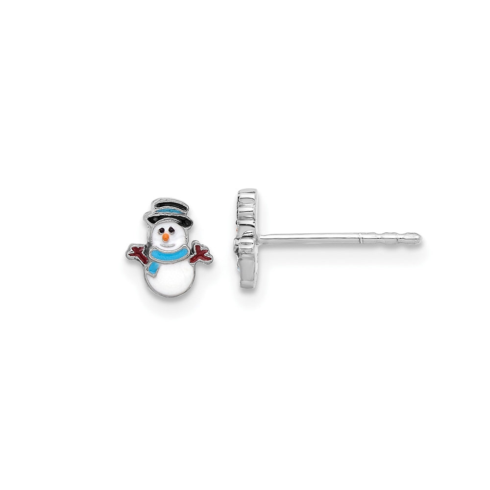 Children's Enamel Snowman Earrings in Rhodium Plated Sterling Silver