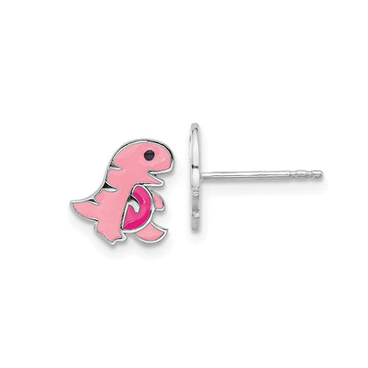 Children's Pink Enamel Dinosaur Earrings in Rhodium Plated Sterling Silver