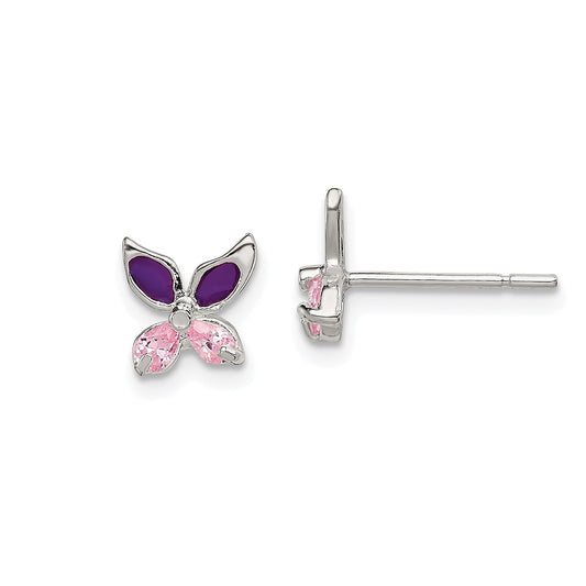 Children's Pink CZ & Purple Enamel Butterfly Earrings in Sterling Silver