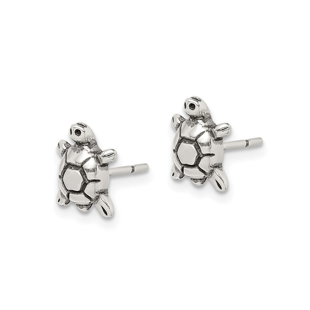 Children's Antiqued Finish Turtle Earrings in Sterling Silver front view