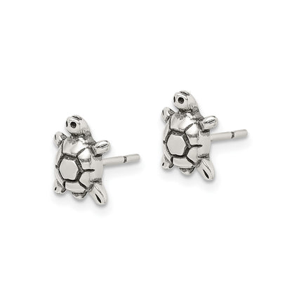 Children's Antiqued Finish Turtle Earrings in Sterling Silver front view