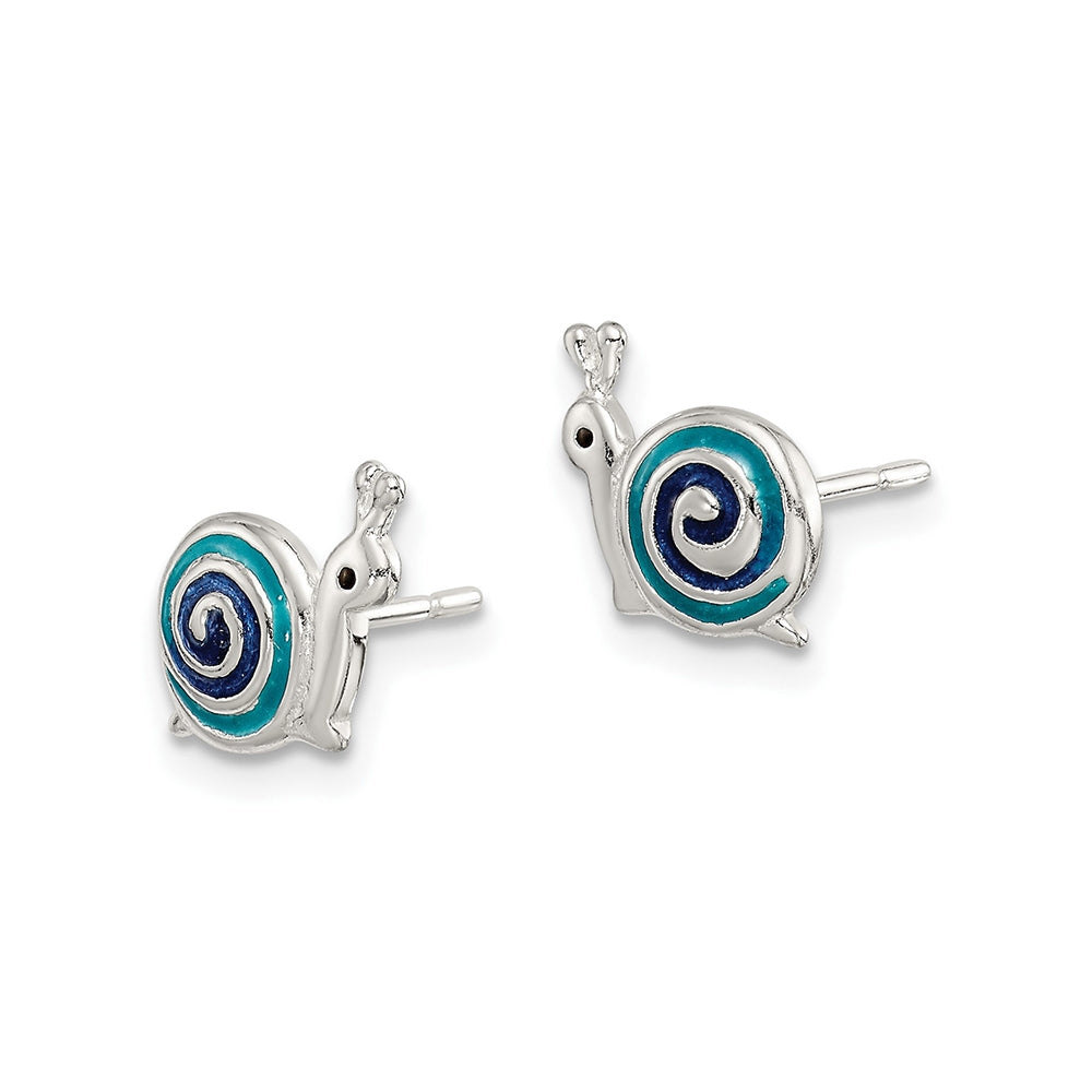 Children's Blue Enamel Snail Earrings in Sterling Silver front view