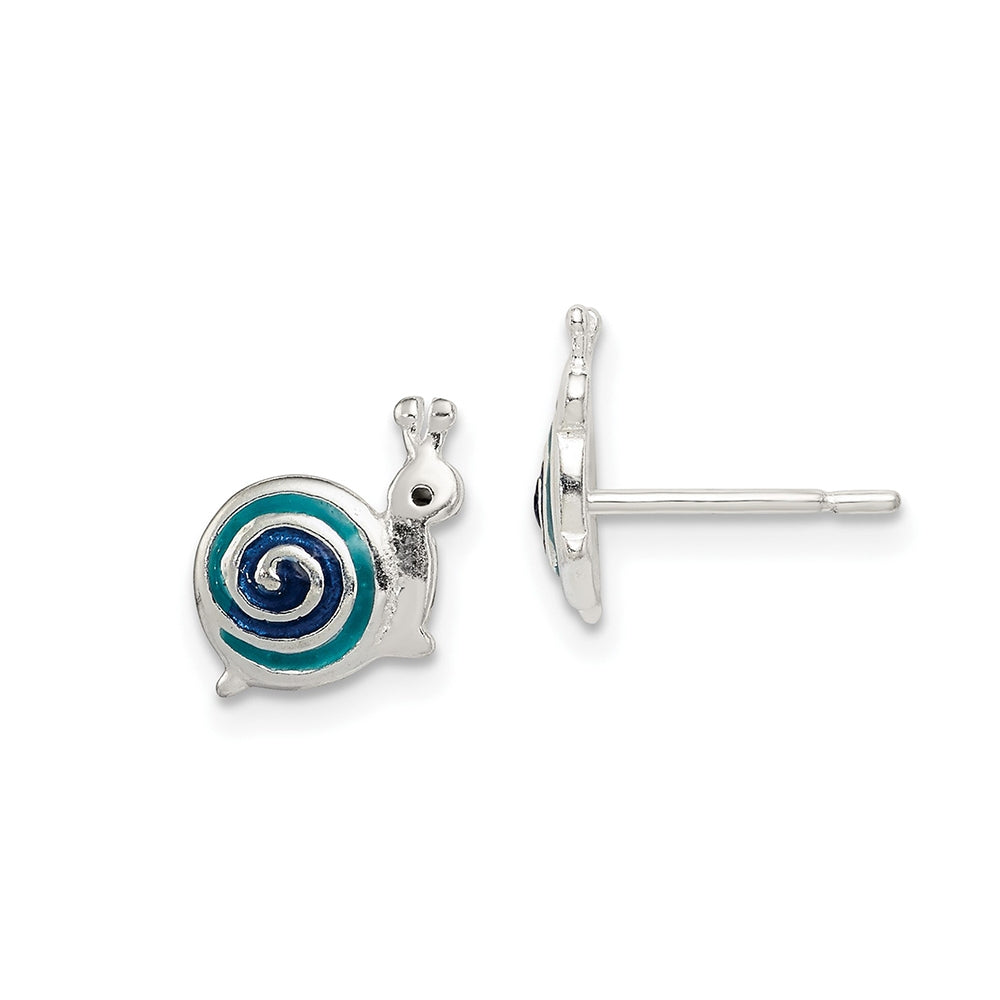 Children's Blue Enamel Snail Earrings in Sterling Silver