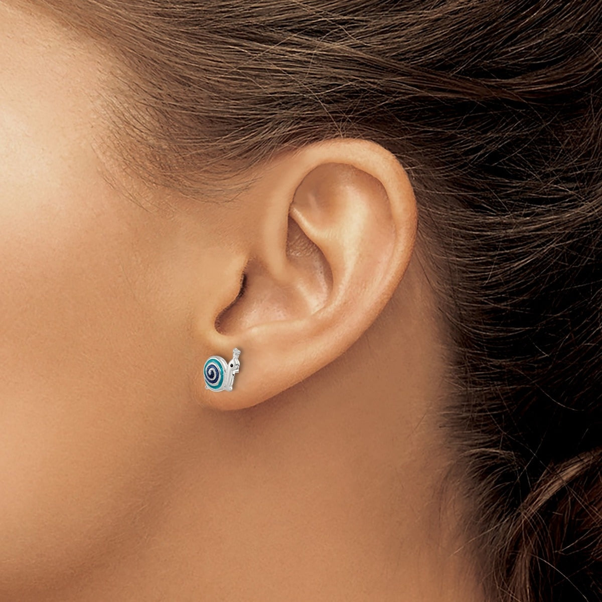 Children's Blue Enamel Snail Earrings in Sterling Silver close-up detail