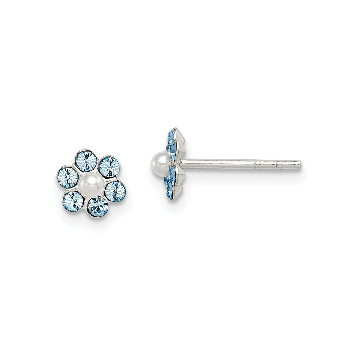Children's 3 Pair Crystal & Synthetic Pearl Flower Earring Set in Sterling Silver close-up detail