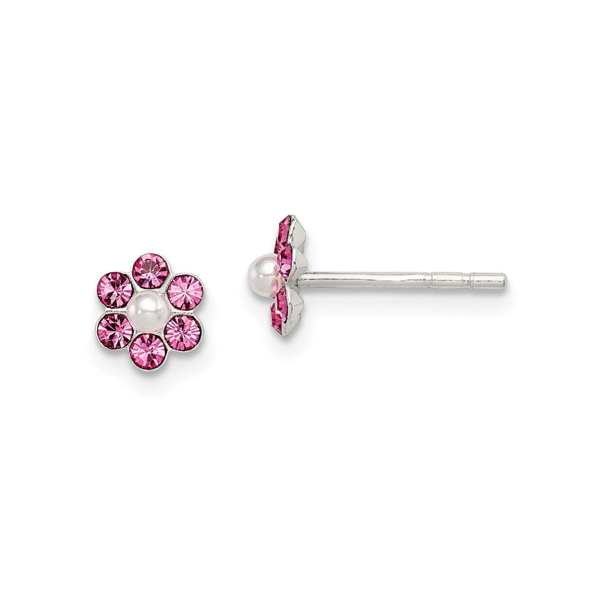 Children's 3 Pair Crystal & Synthetic Pearl Flower Earring Set in Sterling Silver side profile
