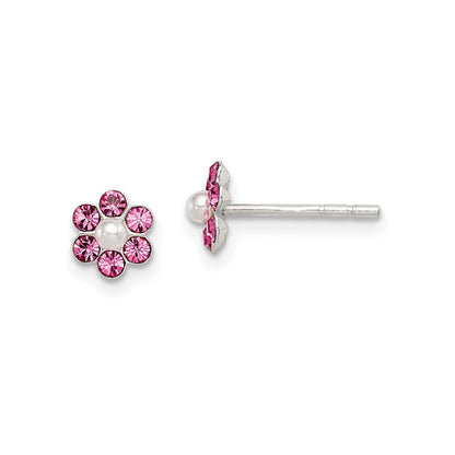 Children's 3 Pair Crystal & Synthetic Pearl Flower Earring Set in Sterling Silver side profile