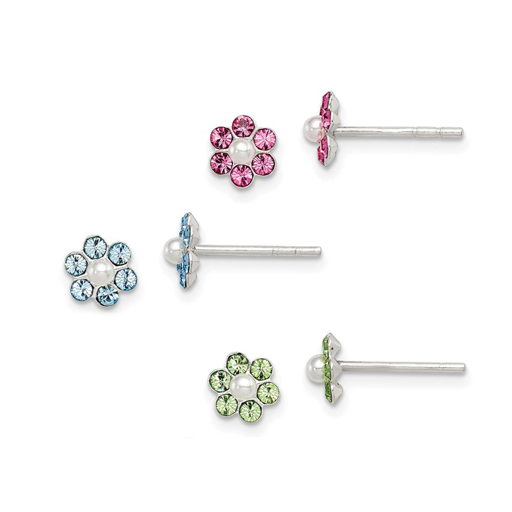 Children's 3 Pair Crystal & Synthetic Pearl Flower Earring Set in Sterling Silver