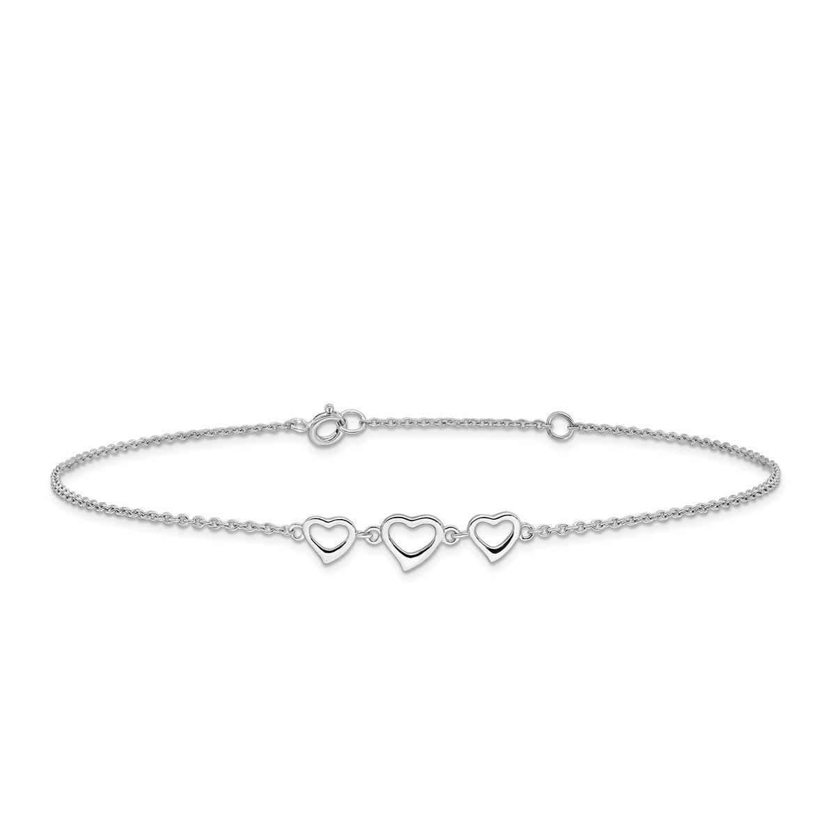 10-inch Adjustable Triple Open Heart Ankle Bracelet in Sterling Silver