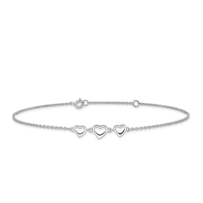 10-inch Adjustable Triple Open Heart Ankle Bracelet in Sterling Silver