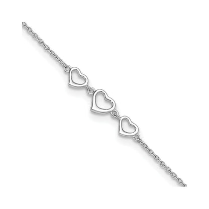 10-inch Adjustable Triple Open Heart Ankle Bracelet in Sterling Silver front view