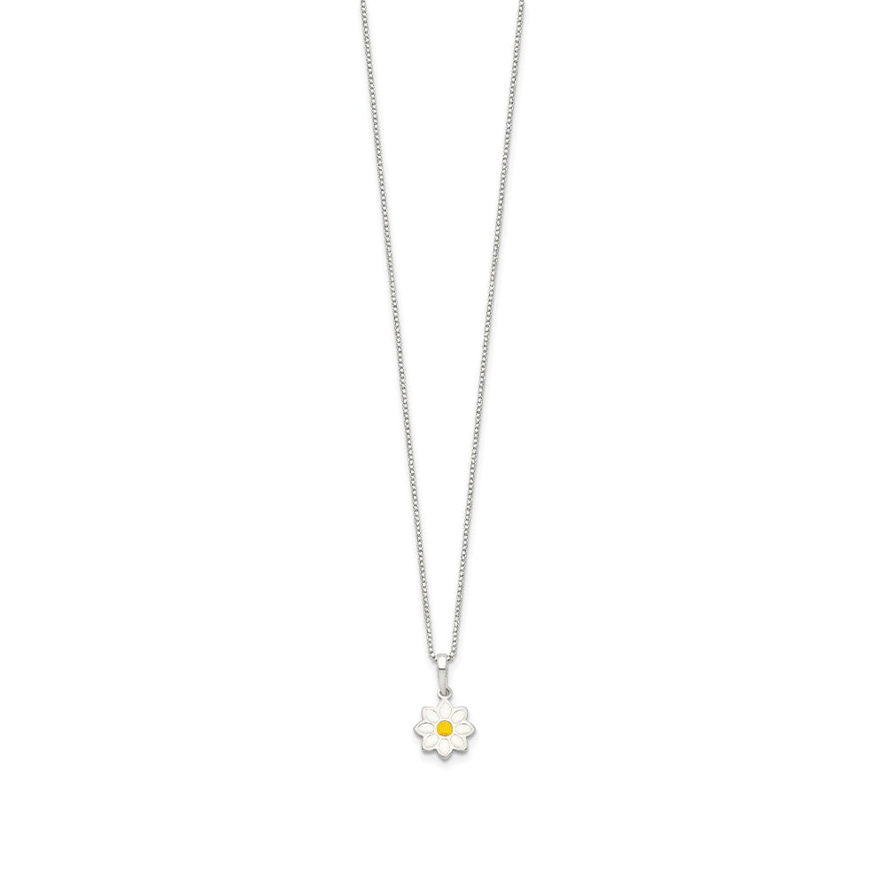 Children's Enamel Daisy Flower Pendant in Sterling Silver front view