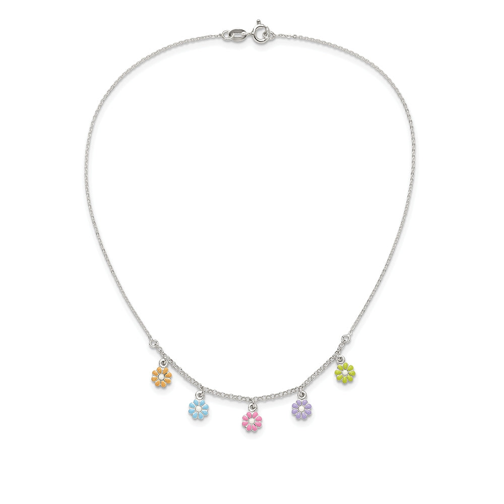 Children's Enamel Flower Station Necklace in Sterling Silver front view