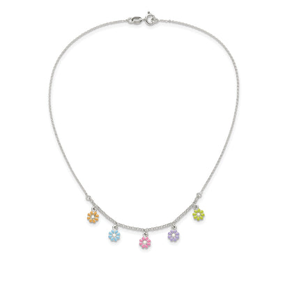 Children's Enamel Flower Station Necklace in Sterling Silver front view