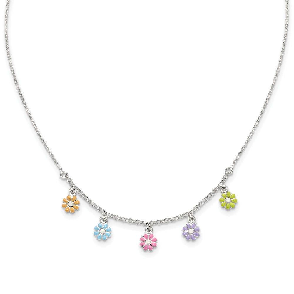 Children's Enamel Flower Station Necklace in Sterling Silver