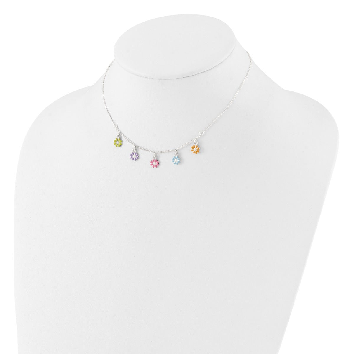 Children's Enamel Flower Station Necklace in Sterling Silver close-up detail