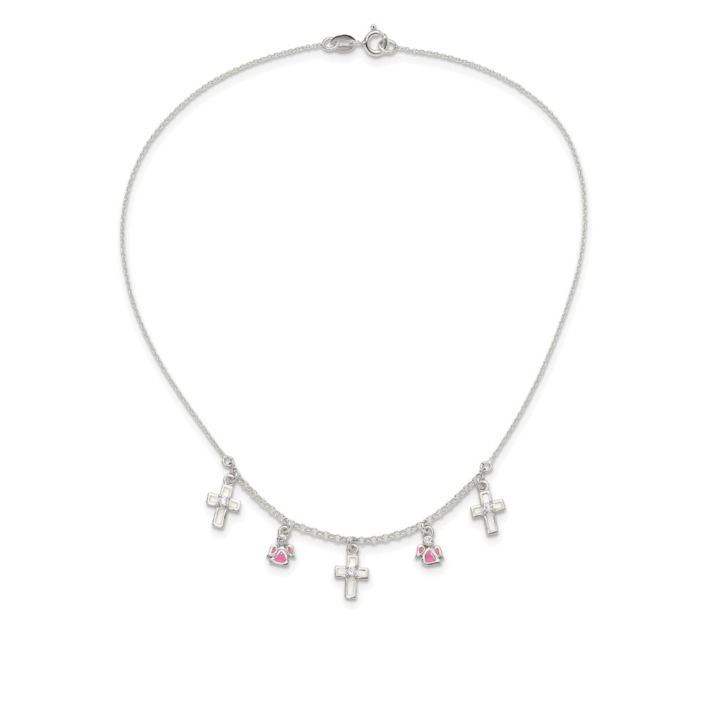 Children's Enamel Cross & Angel Station Necklace with CZ Accents in Sterling Silver front view