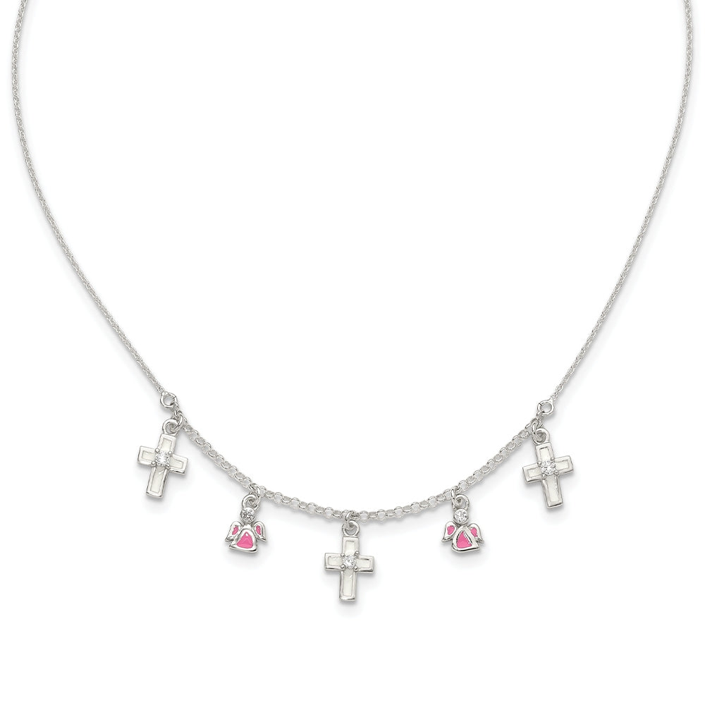 Children's Enamel Cross & Angel Station Necklace with CZ Accents in Sterling Silver